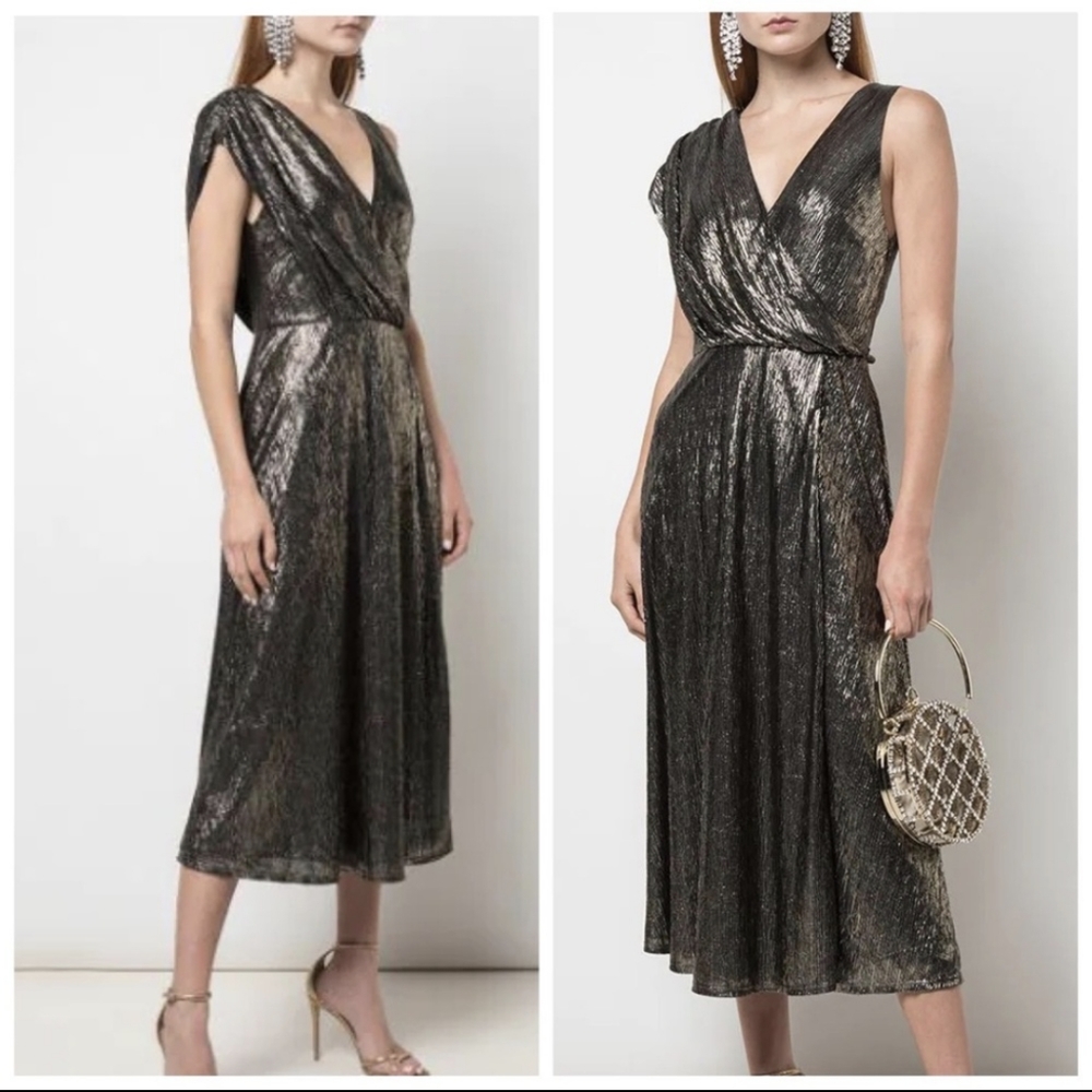 {Alice + Olivia} Roxy Metallic Front Drape Midi Dress, Size 0